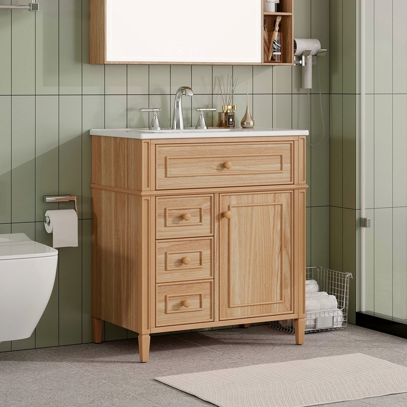 Meuble-lavabo de 30 po avec lavabo, meuble-lavabo en bois avec tiroir rabattable, 2 tiroirs à fermeture en douceur, 1 porte à fermeture en douceur, bois massif et panneau de fibres à densité moyenne, poignées en bois élégantes