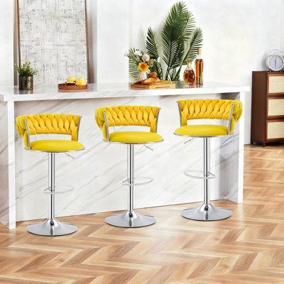 Velvet Bar Stools Set of 3, Counter Height Barstools with Low Back, Swivel Bar Stool with Silver Leg for Kitchen Island, Pub