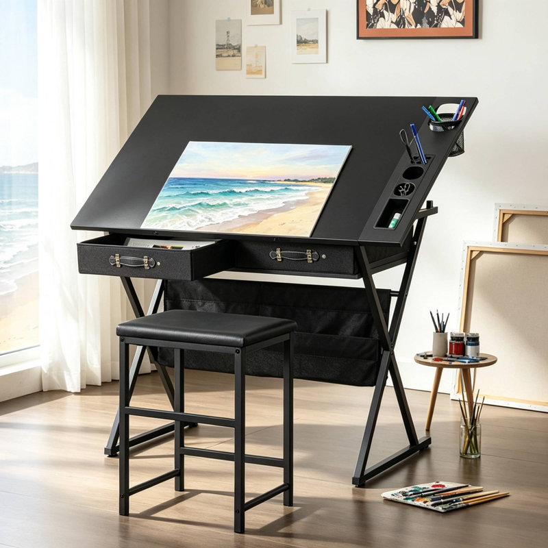 Bureau de dessin avec tabouret Yumisani, Noir