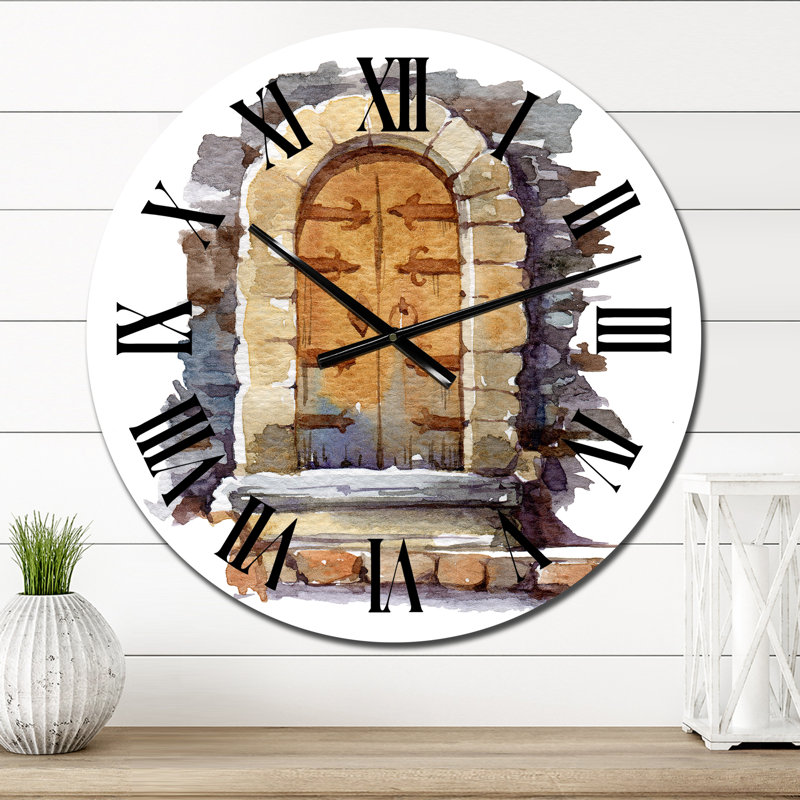 Entrée rétro en bois avec arche de pierre et marches - horloge murale rétro, Moyen