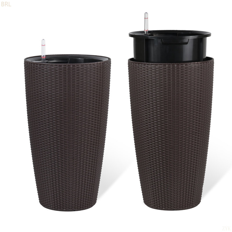 Set Of 2 Faux Rattan Tall Planters Outdoor Indoor Large Planters With Water Level Monitor Inner Bucket, Automatic Watering, Flower Plant Pots For Garden, Patio, Porch, Backyard