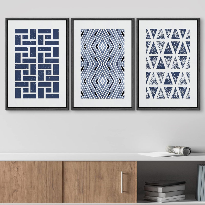 Carré bleu géométrique et formes abstraites à motifs abstraits, art bohémien bleu marine, 3 pièces, H 24 po x l 48 po, Noir