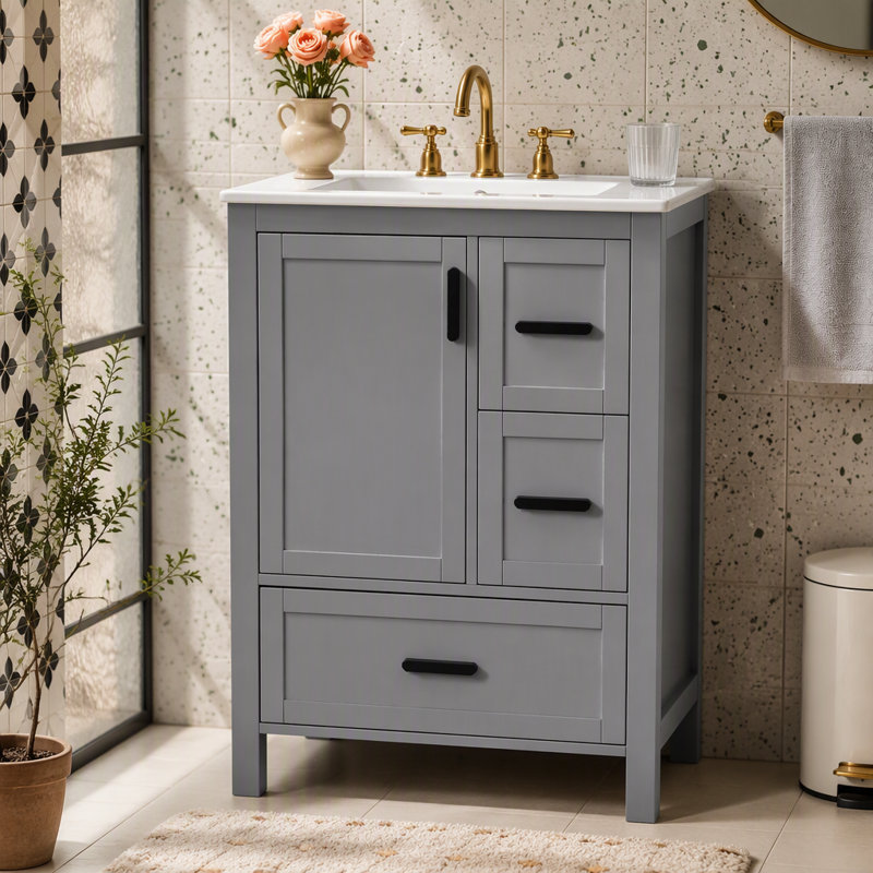 Meuble-lavabo moderne de 24 po avec lavabo en céramique, porte à fermeture en douceur, tablette de porte à double couche et 3 tiroirs