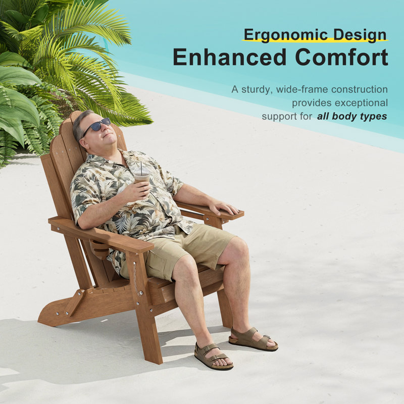 Classic Folding Adirondack Chair, HDPE Adirondack Chair with Ergonomic Design & Cup Holder for Patio and Fire Pit, Teak