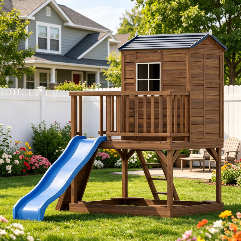 Maisonnette d'extérieur en bois pour enfants avec glissade à vagues, mur d'escalade et pavillon surélevé, ensemble de terrain de jeu pour enfants de 3 à 10 ans