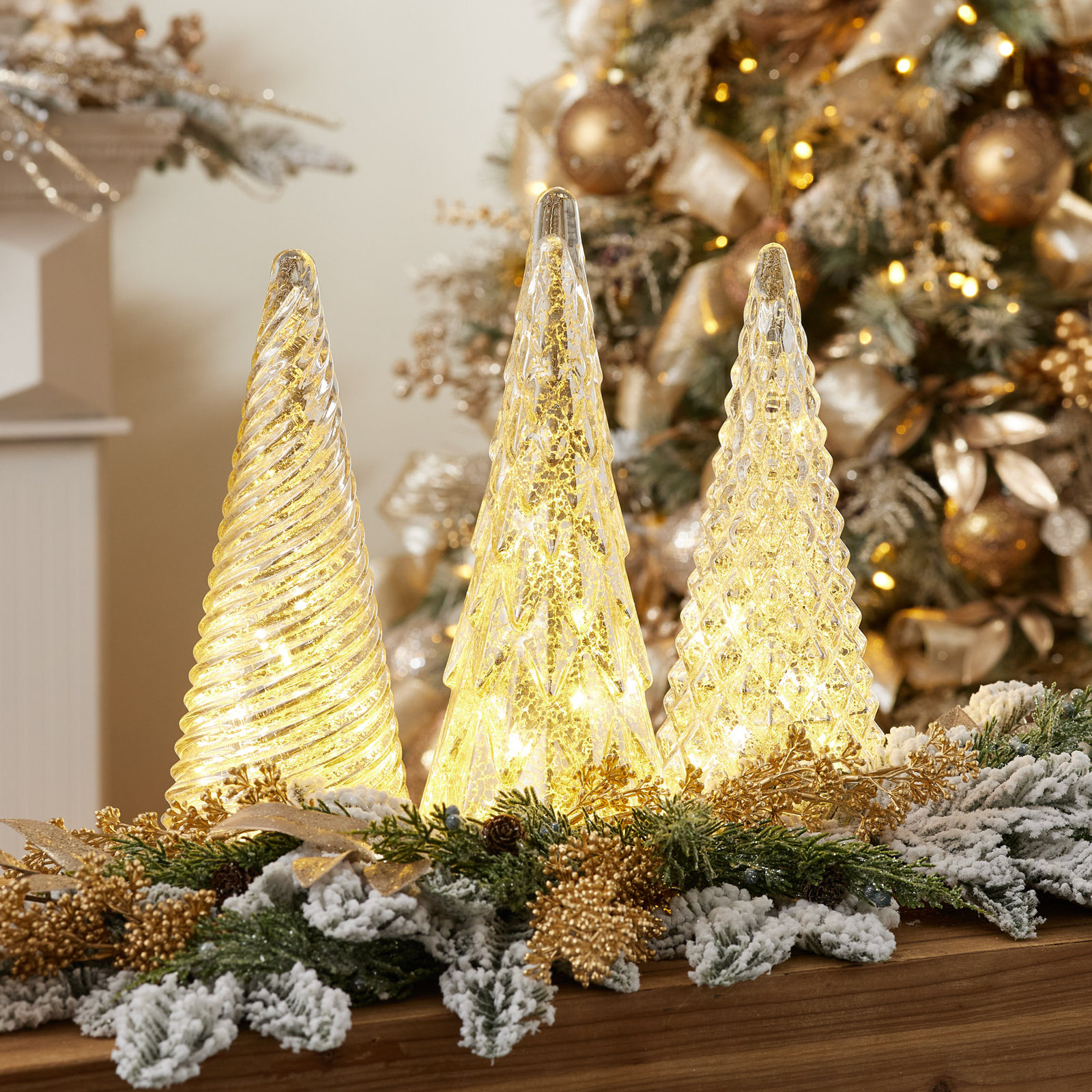 3-Piece Lighted Mercury Glass Tabletop Tree Set