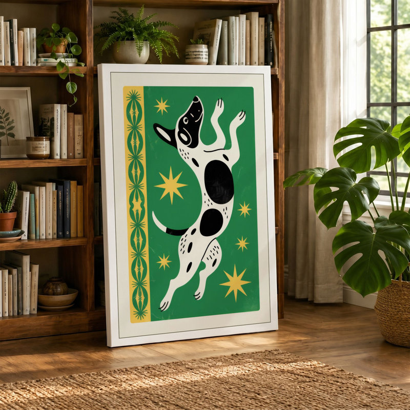 Leaping Cow in Green Geometric 1 Piece Wrapped Canvas Wall Art, 30x20 - 76.2 x 50.8 cm, Terracotta Border
