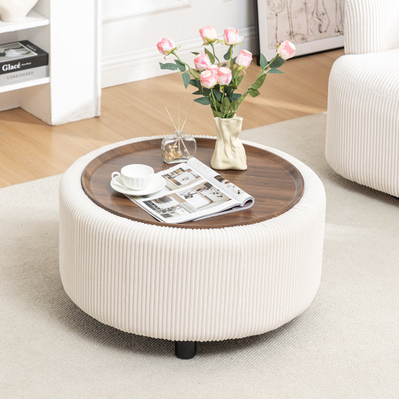 Table basse ronde avec rangement Pietsch, Velours côtelé beige