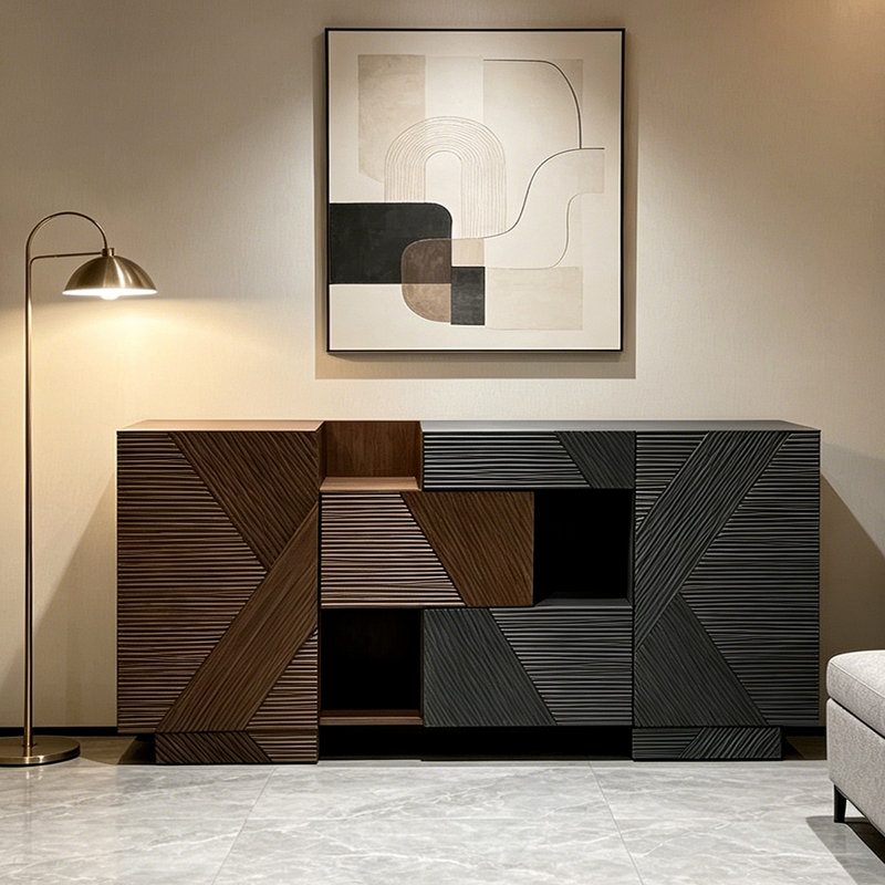 Armoire d'entrée Mid-Century, H 33,5 po x l 63 po x P 15,7 po, Noyer / gris foncé