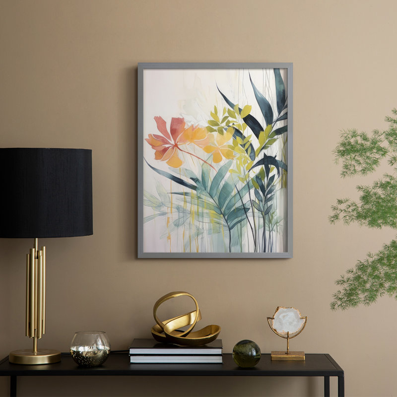 «Pink and Yellow Floral Elegance II», reproduction encadrée - bois massif, Grey, H 21 po x l 17 po