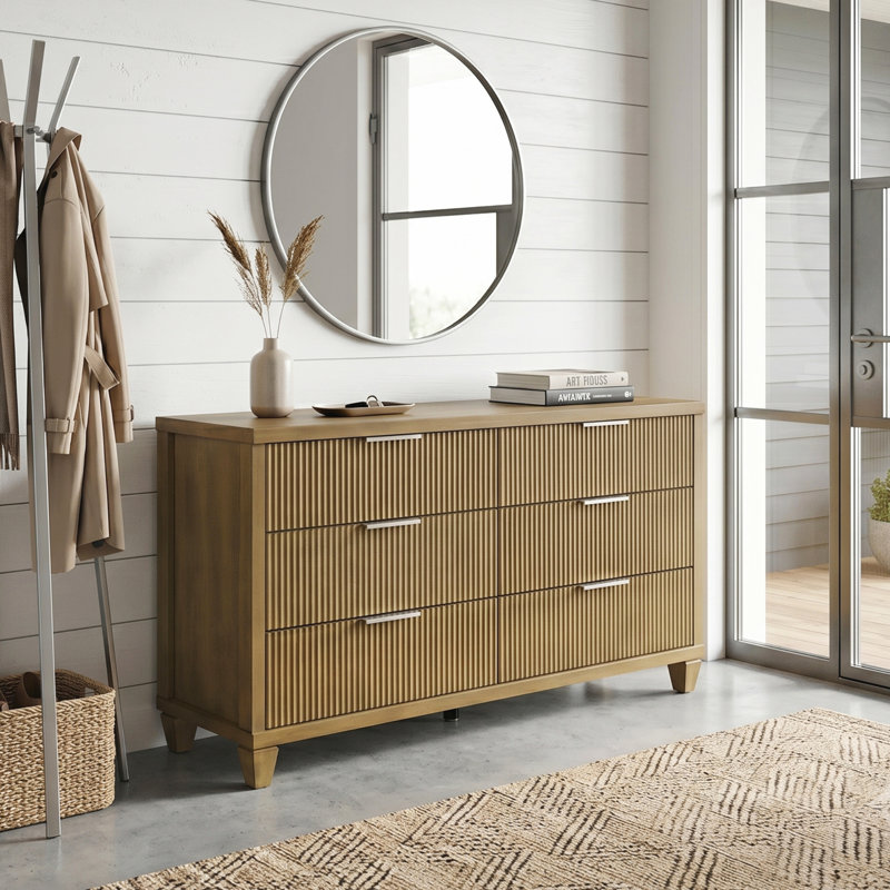 Aurelin Mid-Century Modern 54.8"W 6 Drawer Dresser, Antique Oak