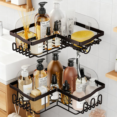 Stainless Steel Corner Shower Caddy With 11 Hooks, 2-Tier No-Drilling Shower Storage Basket With Built-In Soap Holder And Razor Rack, 2-Pack Bathroom Organizer