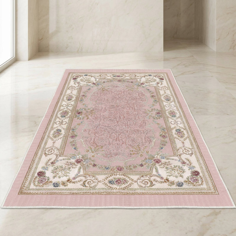 Tapis de couloir rectangulaire à motif floral rose / crème Aveline