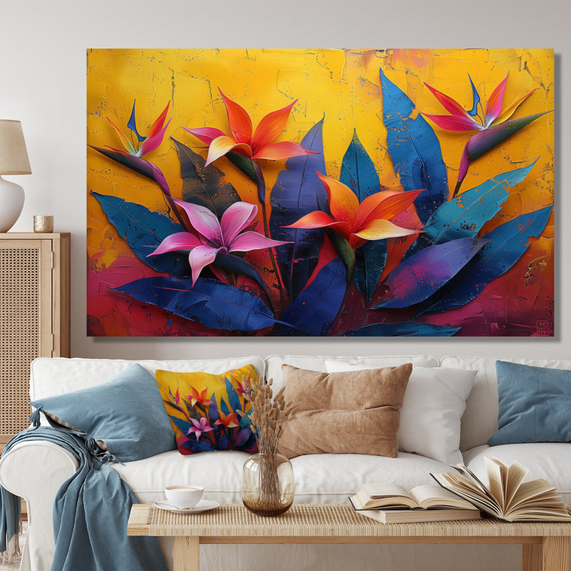 Décoration murale orange, vert, oiseau exotique et oiseaux exotiques, Toile tendue, 30" H x 40" W