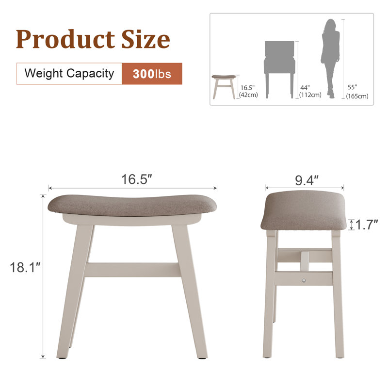 Tabouret de coiffeuse en bois massif Aevah avec coussin de selle, siège éponge à rebond élevé, fauteuil de maquillage facile à assembler