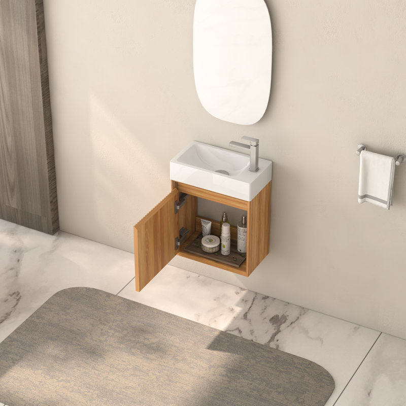 Meuble-lavabo mural de 16 po, bois massif, lavabo en résine blanche, structure, petite surface de conception réversible, installation rapide