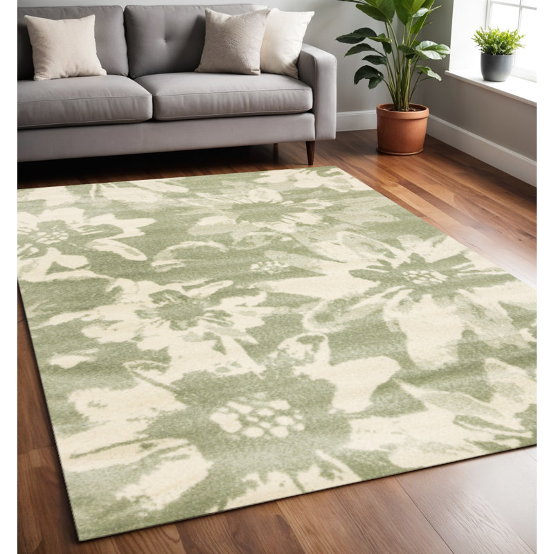 Tapis vert et crème à feuilles botaniques 5 pi x 8 pi