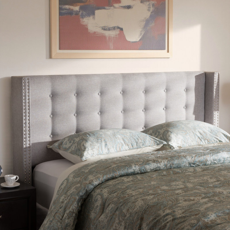 Greyish Beige Fabric Button-Tufted Nail Head Winged Queen Headboard, 49.39" H X 66.19" W X 7.37" D, Greyish Beige, Queen