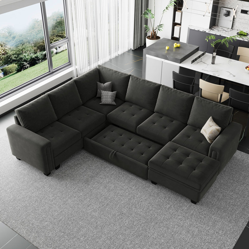 Canapé-lit modulaire en L avec repose-pieds Shavera, Velours gris velours