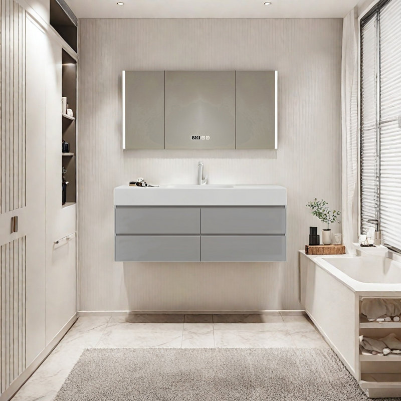 Armoire de salle de bain crème, Gris clair, H 19,68 po x l 47,24 po x P 21,65 po