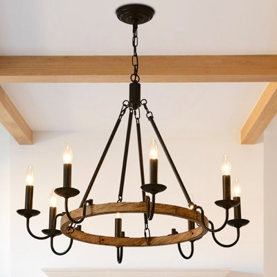 Lustre rustique en roue de chariot 6 lumières, métal noir campagnard et bois