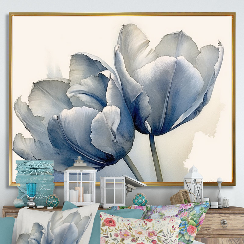 Tulipes, simplicité, saphir sur toile, H 30 po x l 40 po x P 1,5 po, Cadre flottant doré