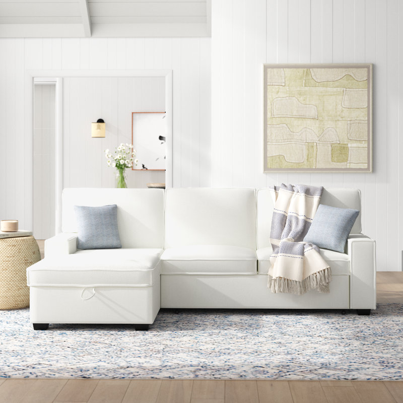 Yates 2 - Piece Upholstered Pull Out Sectional Sleeper Sofa with Storage Chaise, White  Polyester