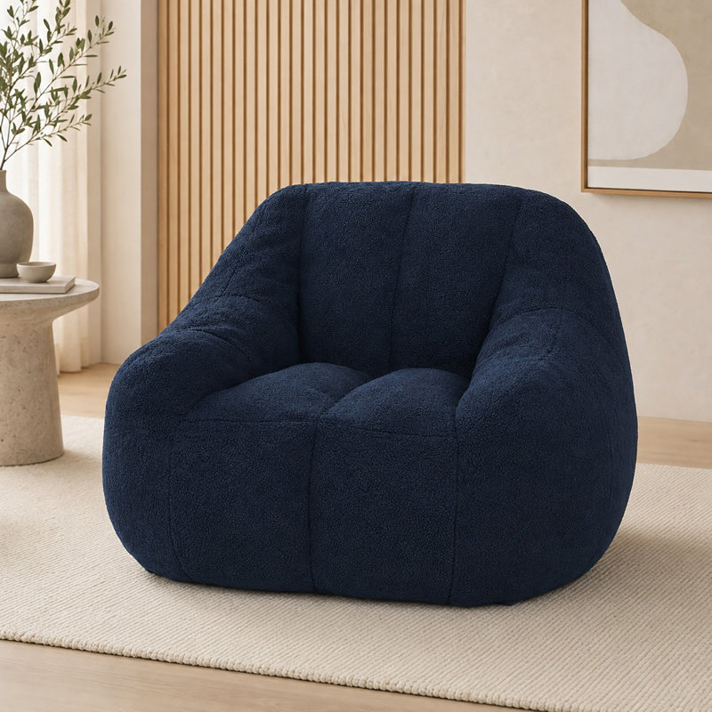 Compression 37"W Soft Teddy Fabric Tufted Memory Sponge Foam Filled Bean Bag Chair, Blue Teddy