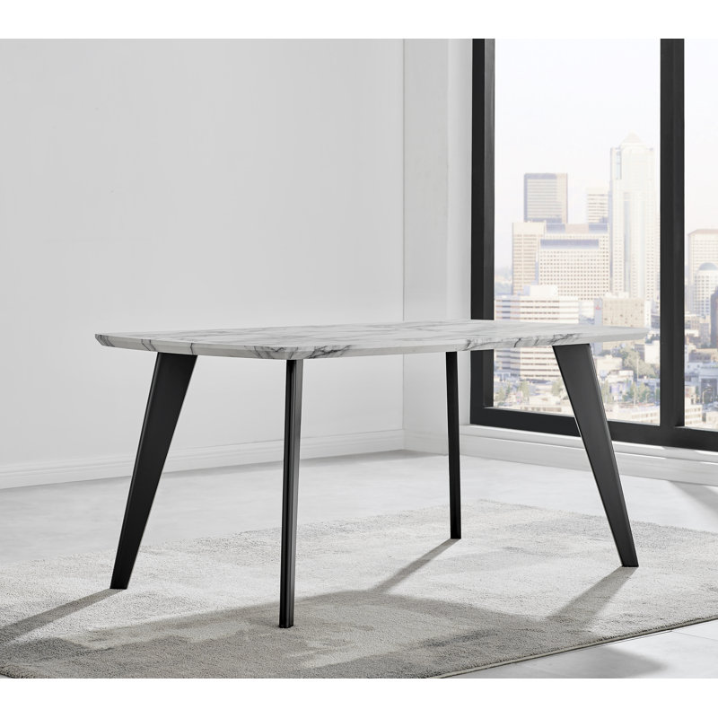 Anders Modern Veneer Marble Effect Dining Table Set with 6 Luxury Velvet Dining Chairs, Blue/Gold
