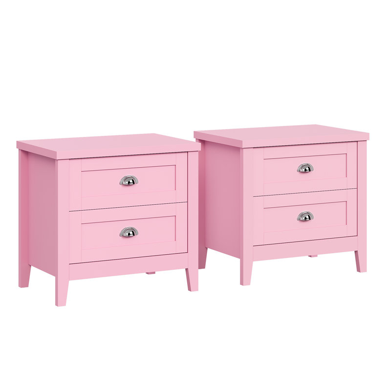 Ensemble de 2 tables de chevet Haven avec 2 tiroirs, tables de chevet Shaker avec poignées argentées et pieds antidérapants, tables de bout rose pastel et bleu pour la chambre à coucher et le salon