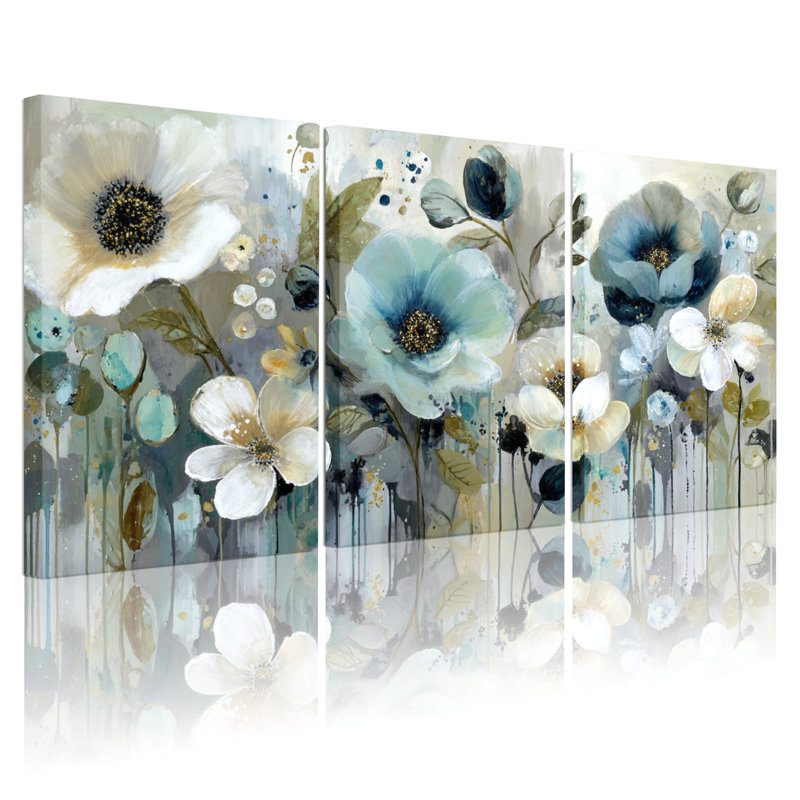 Ensemble de 3 tableaux abstraits floraux bleus et blancs sur toile tendue