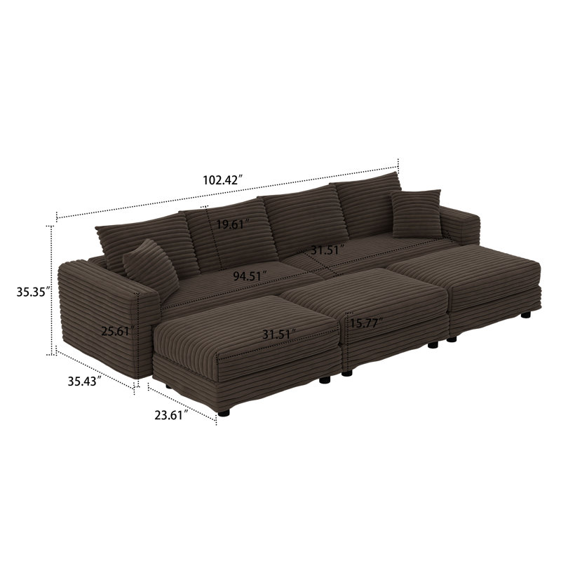 Canapé modulaire moderne en velours côtelé 4 places avec 3 repose-pieds, H 35,35 po x l 102,42 po x P 66,94 po, Chameau