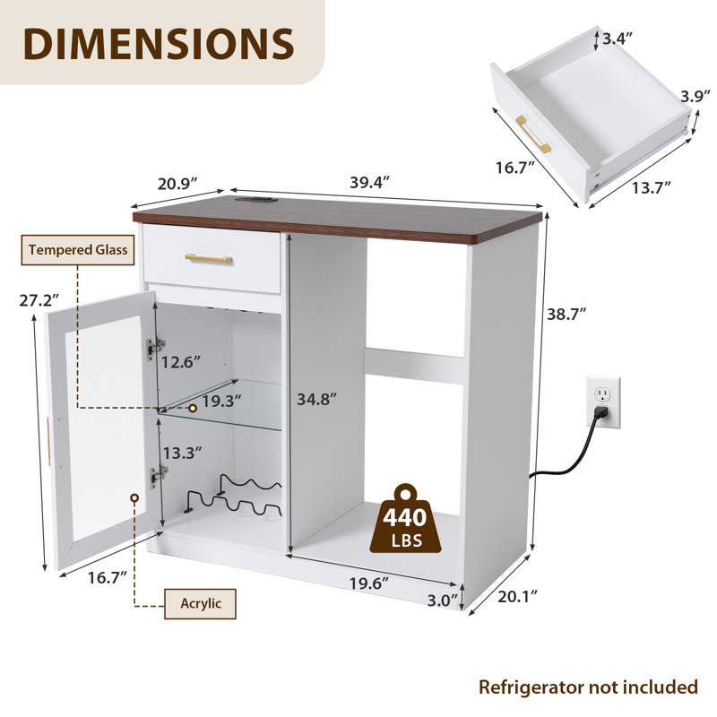 Armoire à café, armoire à vin avec bande lumineuse à DEL, prise de courant, support à vin pour mini-réfrigérateur, Blanc