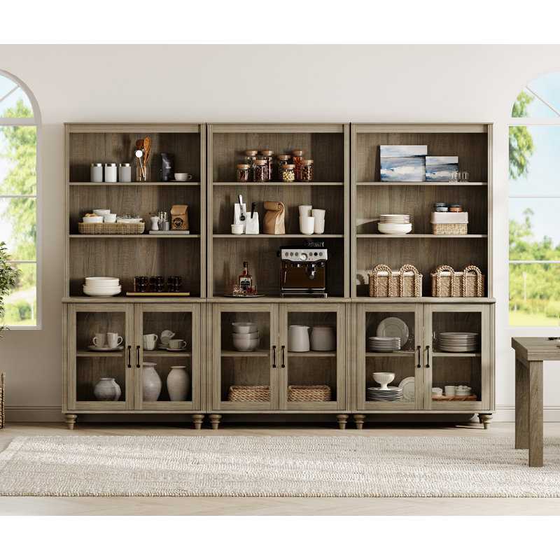 Armoire de cuisine de 72,1 po de hauteur avec 6 portes en verre et des tablettes réglables, gris délavé