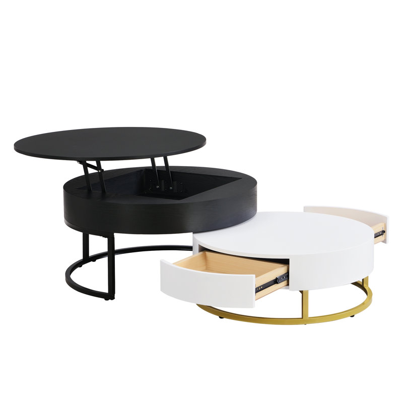 Jonah Coffee Table, Lift-Top Round Nesting Table With 2 Drawers, Black/White