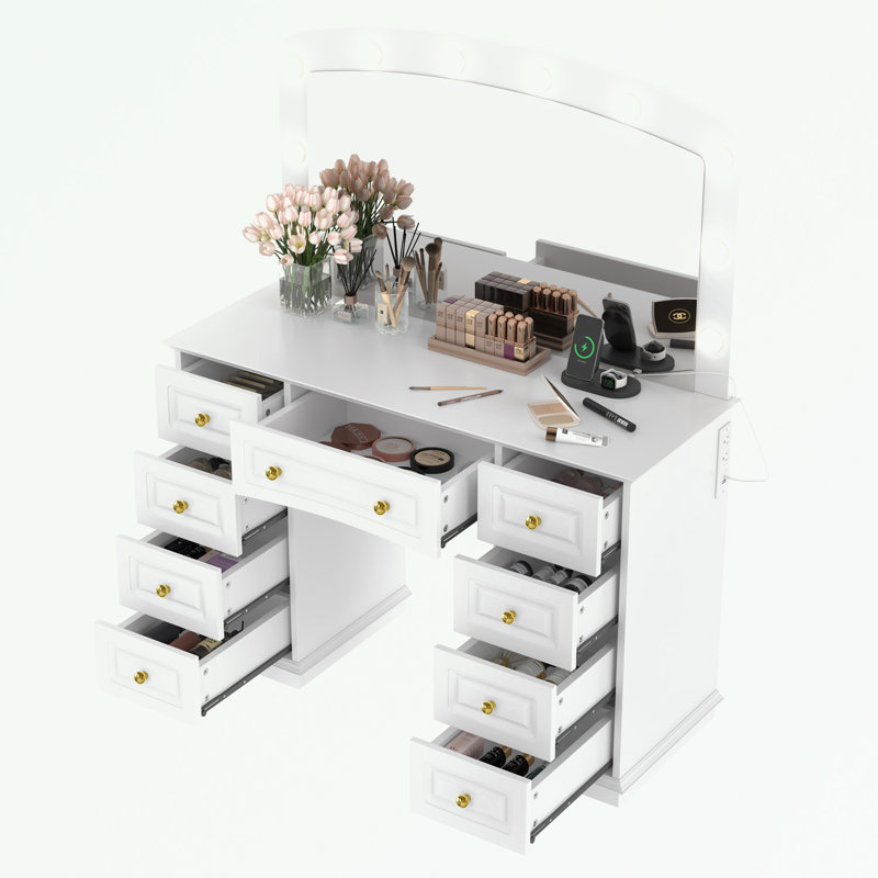Coiffeuse de maquillage avec miroir d'éclairage 3 couleurs, tabouret rembourré et 9 tiroirs de rangement