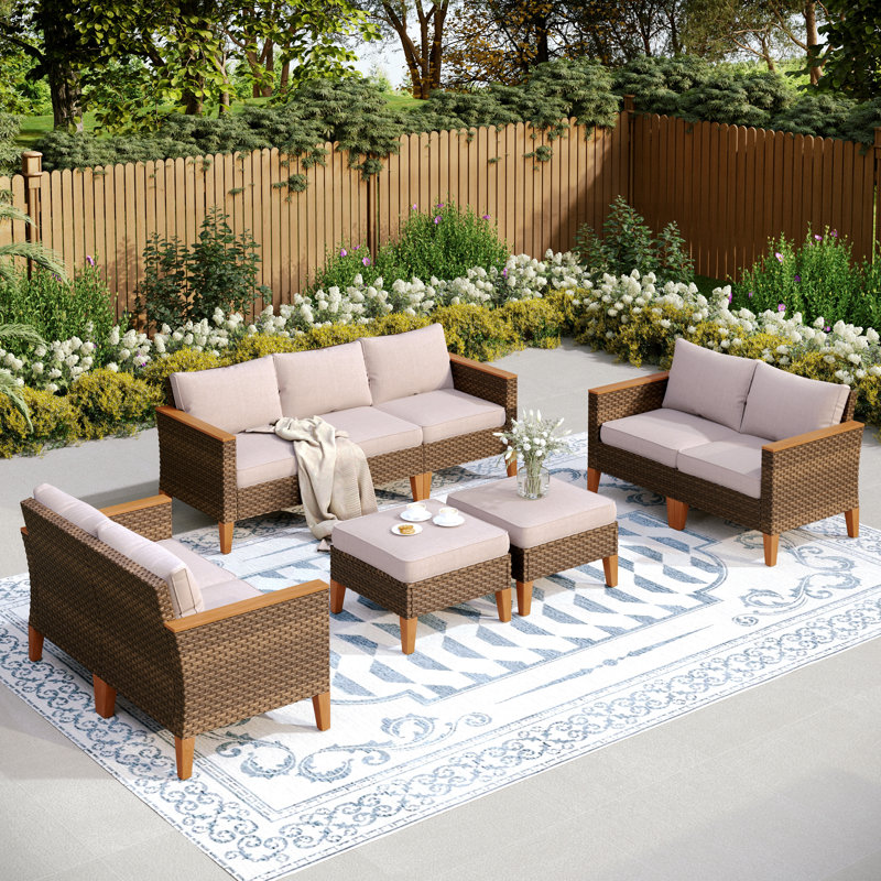 All Weather Wicker/Rattan 9 - Person Seating Group with Cushions, No, Beige