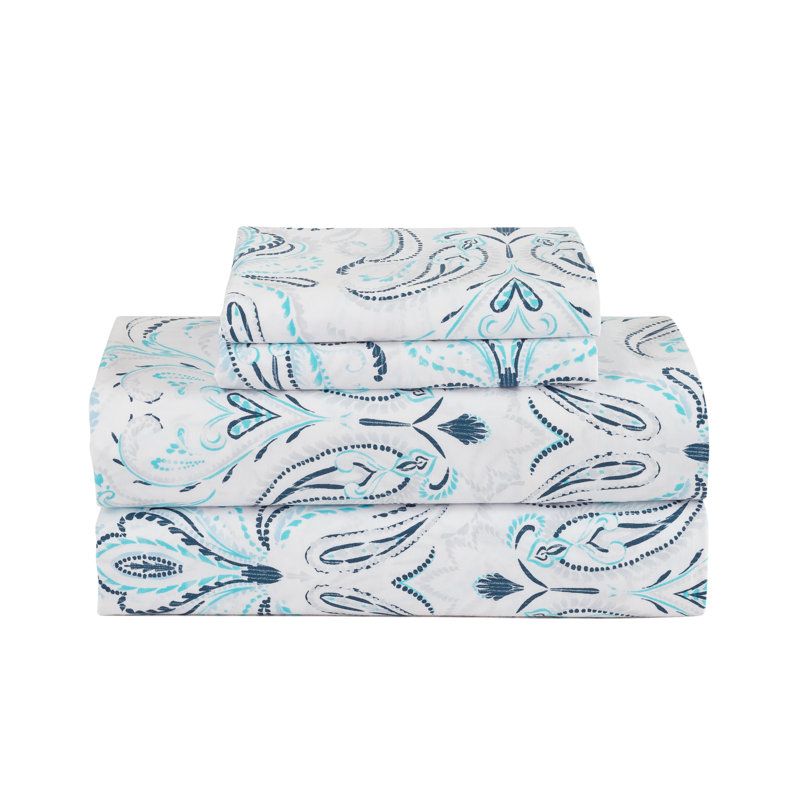 100% Cotton Percale Paisley Sheet Set, Queen Sheet Set + 1 Fitted Sheet + 2 Pillowcases