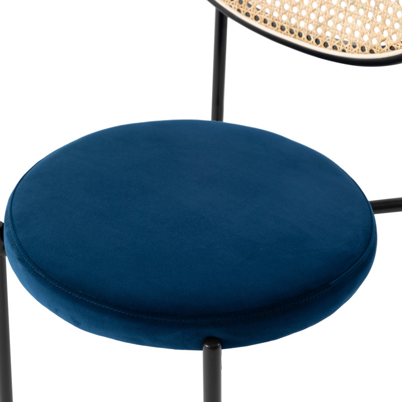 Modern Velvet Dining Side Chair with Rattan Back and Black Metal Legs for Kitchen or Dining Room, Navy Blue