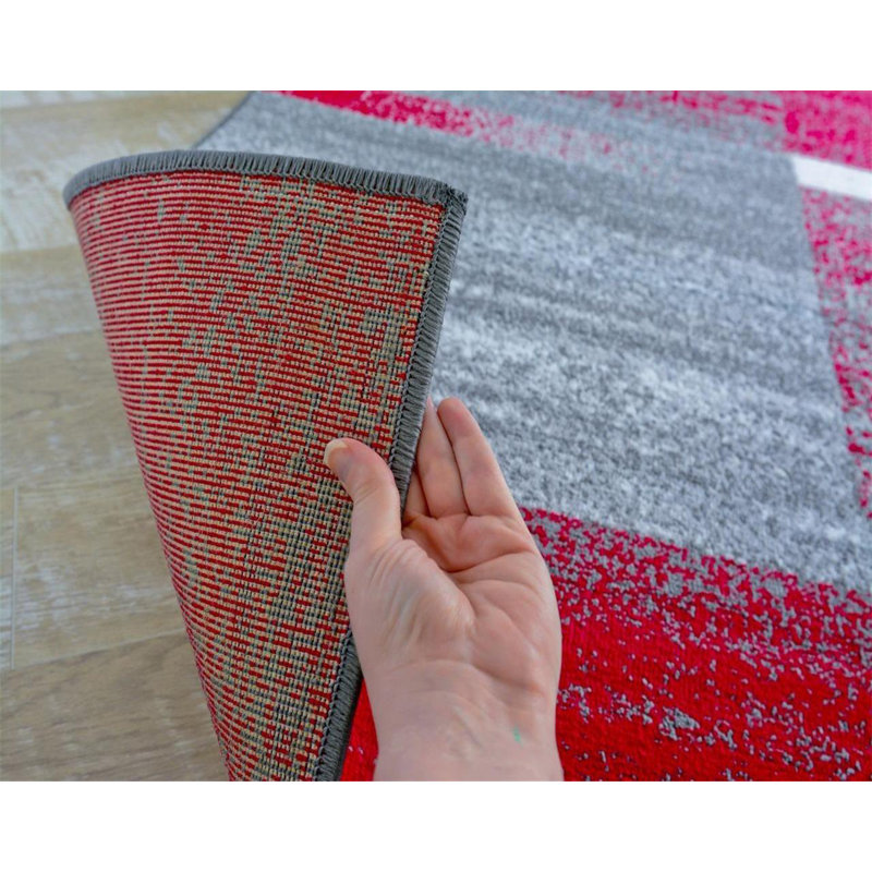 Rouge abstrait/Tapis décoratif grise, Rectangle 5 pi x 7 pi