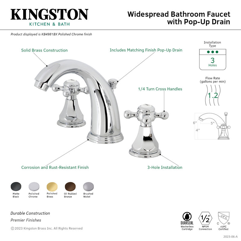 Kingston Brass Metropolitan Two-Handle 3-Hole Deck Mount Widespread Bathroom Faucet with Retail Pop-Up Drain, Matte Black
