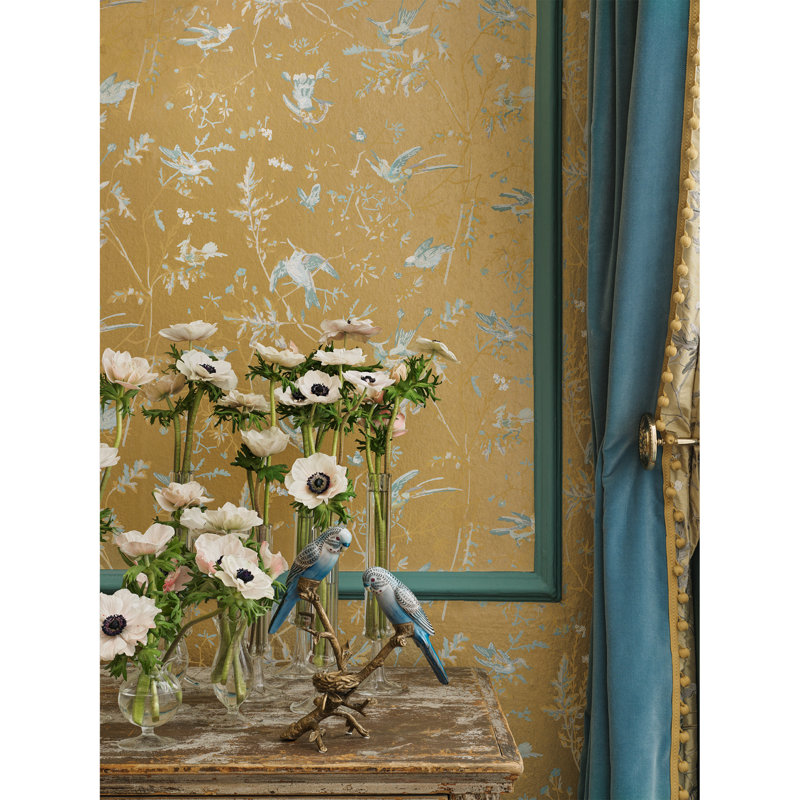 Cole & Son Selection Of Hummingbirds Floral Wallpaper Roll, Gray/Gold