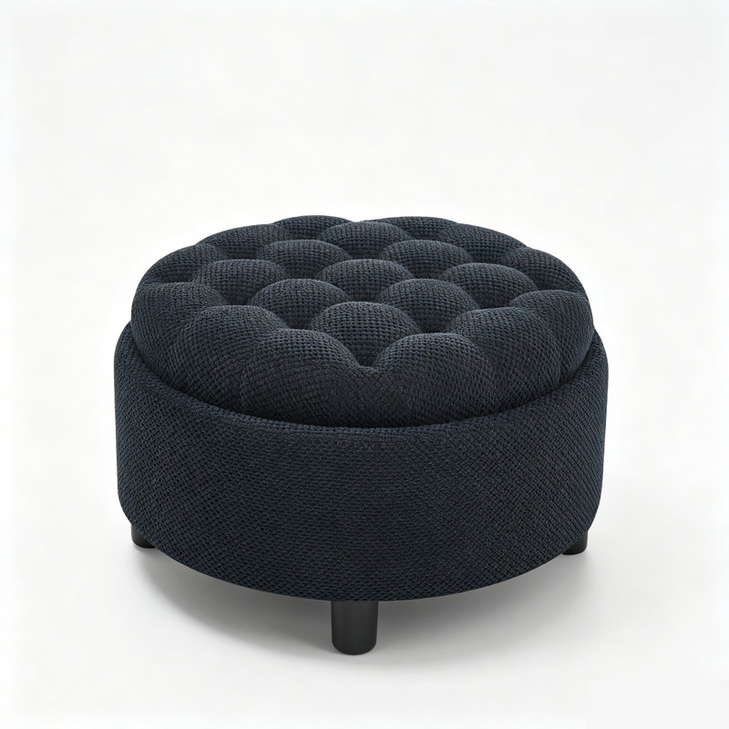 Pouf de rangement rond capitonné de 25 pouces avec plateau amovible., Jet black