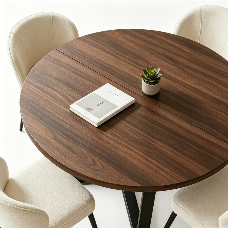 43.3" Round Extendable Dining Table Set For 4, Mid-century Modern Walnut Finish Mdf Kitchen Table With Cross Base & Upholstered Chairs, Space-saving Dining Room Furniture Set