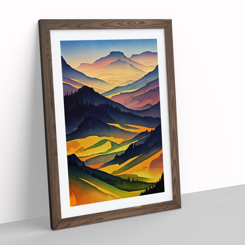 Meadow Landscape Watercolour No.2 - Framed Print, 34cm H x 25cm W x 2cm D, Walnut