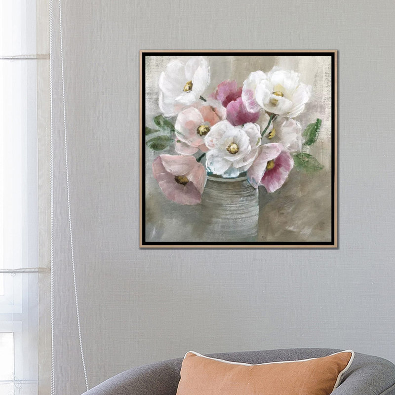 Blooming And Blushing - Painting on Canvas, 66.04 cm H x 66.04 cm W x 4.445 cm D, Oak Floater Framed