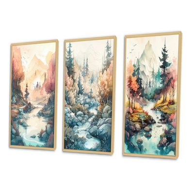 «Colored Mountains And River», 3 pièces sur toile
