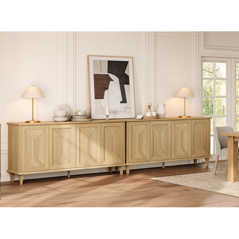 130-Inch Handcrafted Patchwork Decorative Buffet Cabinet With Pop-Up Design Doors,2-In-1 Large Modern Farmhouse Accent Credenza For Dining Room, Kitchen, And Living Room, Natural Oak