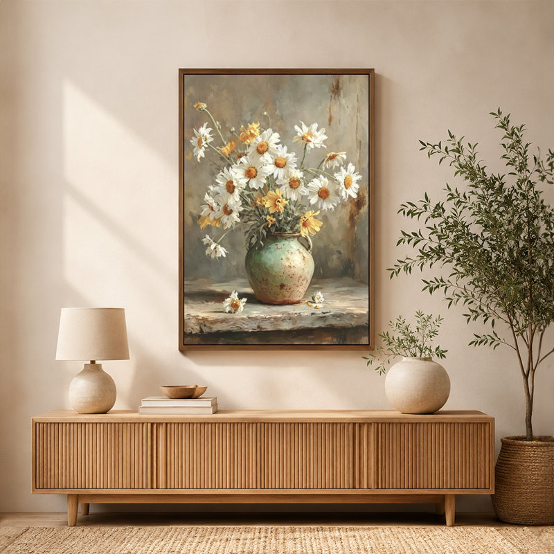 Tableau sur toile « Nature morte rustique avec vase et marguerites blanches », cadre flottant, prêt à accrocher., 24x36in