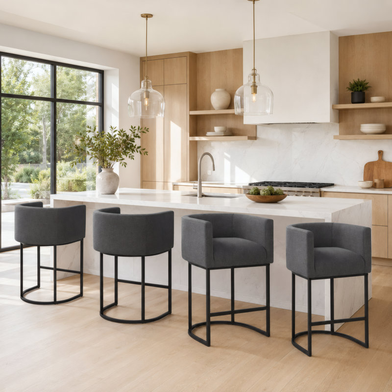 27" H Counter Height Barrel Bar Stools Set of 2, Black, Darkgray/Black Frame